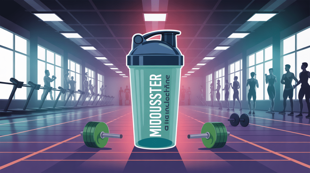 illustration de booster pour la musculation avec shaker et haltères