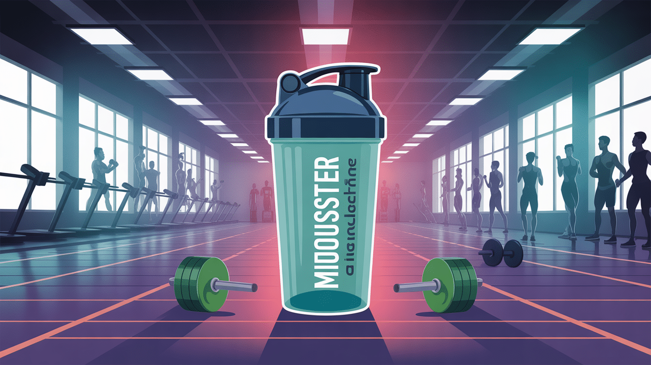 illustration de booster pour la musculation avec shaker et haltères