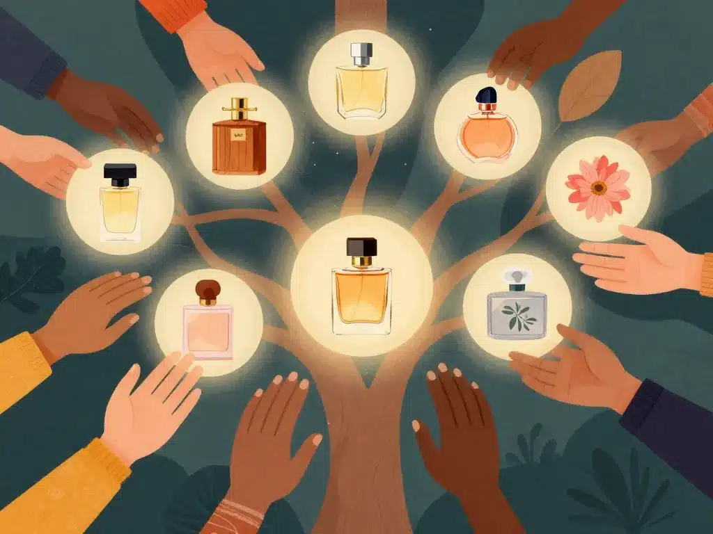 Mains vers différents flacons parfums sultan, familles olfactives, choix visuel