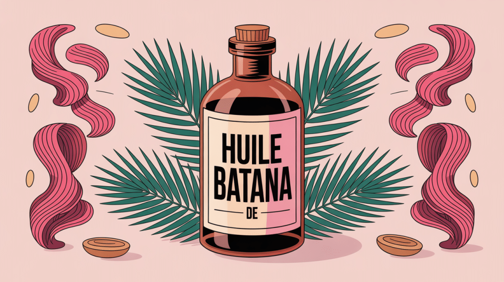Huile de batana avis illustration flacon palmiers cheveux