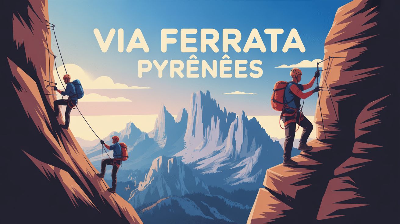 Illustration aventure via ferrata Pyrénées falaises grimpeurs
