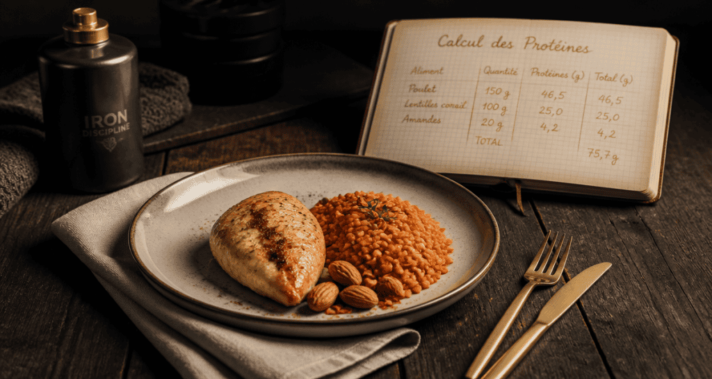 calcul proteine par aliment assiette poulet lentilles