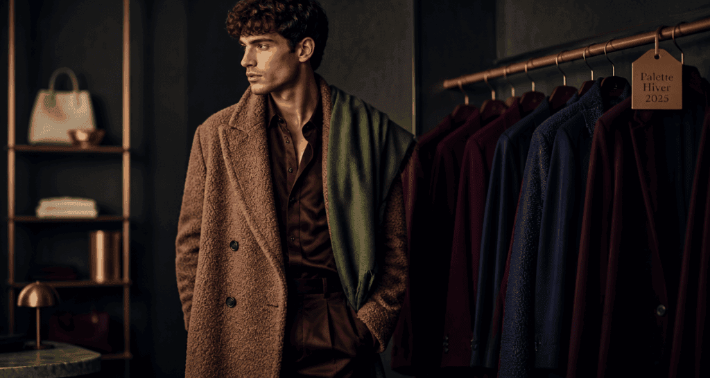 couleurs mode hiver 2025 manteau mocha mousse écharpe vert iguana