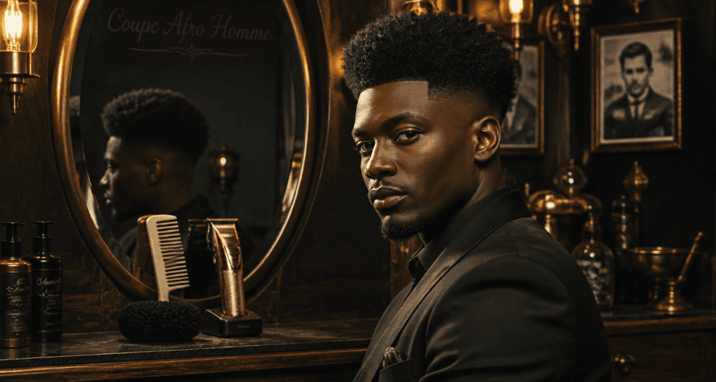 coupe afro homme devant miroir vintage