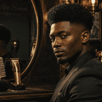 coupe afro homme devant miroir vintage