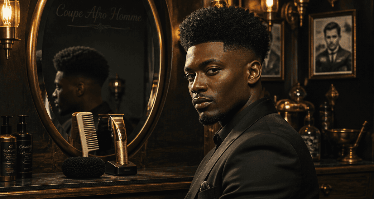 coupe afro homme devant miroir vintage