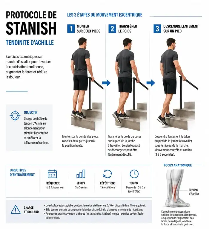 Infographie du protocole de Stanish pour la rééducation d'une tendinite du tendon d'Achille