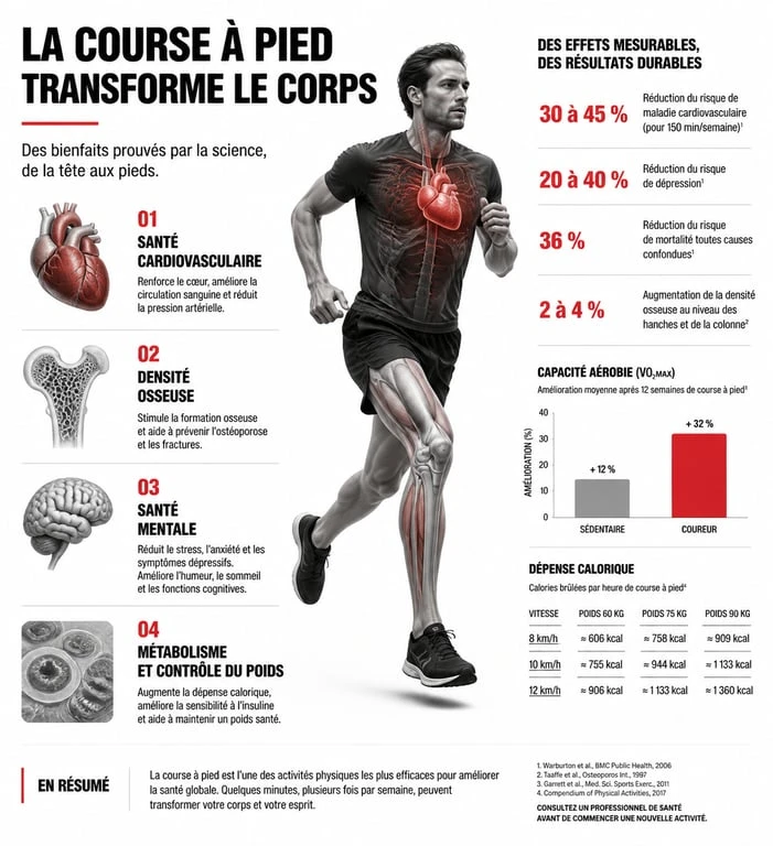 Infographie illustrant les bienfaits de la course à pied sur la santé physique et mentale