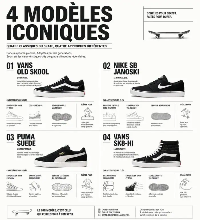 Infographie comparative des chaussures de skate iconiques pour le style skateur homme, incluant Vans, Nike SB et Puma.