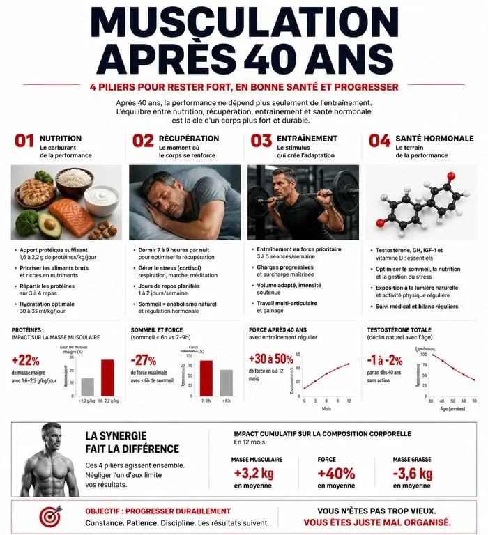 Infographie sur les piliers de la musculation pour homme de 40 ans : nutrition, récupération et entraînement