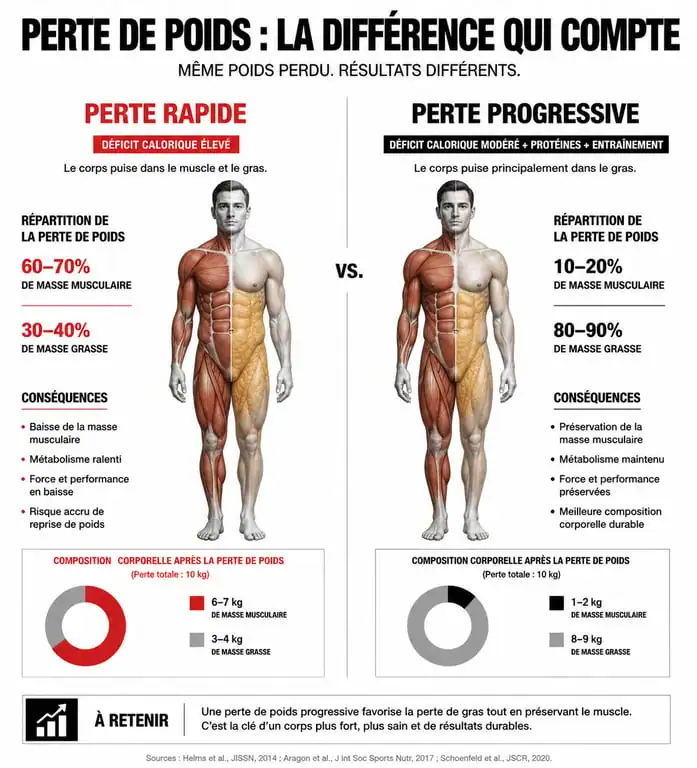 Infographie comparant la perte de poids rapide et la perte de poids progressive sur la masse musculaire et la masse grasse
