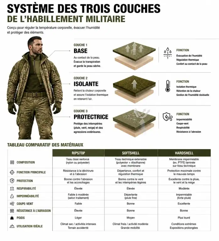 Infographie comparative des matériaux et du système des trois couches pour l'habillement militaire