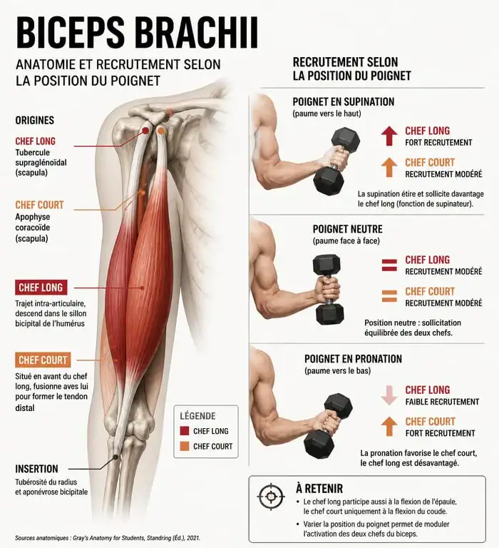Infographie anatomique expliquant le recrutement des fibres du biceps brachii lors des exercices de musculation