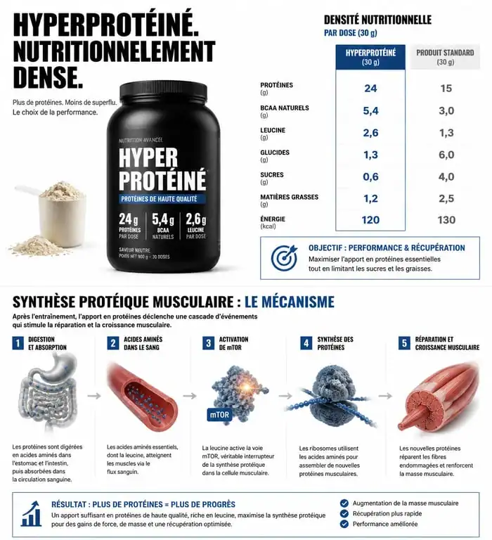 Infographie sur la densité nutritionnelle et l'efficacité des compléments alimentaires hyperprotéinés en pharmacie