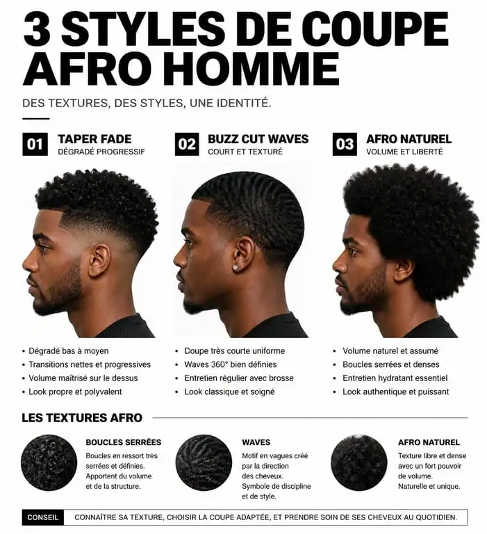 Infographie comparative des styles de coupe afro homme : Taper Fade, Buzz Cut et afro naturel