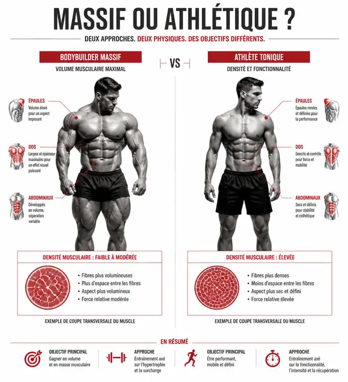 Comparaison visuelle entre un physique de bodybuilder massif et un physique athlétique musclé mais pas trop