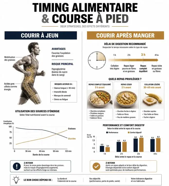 Infographie comparative : courir avant ou après manger, délais de digestion et conseils nutritionnels pour coureurs