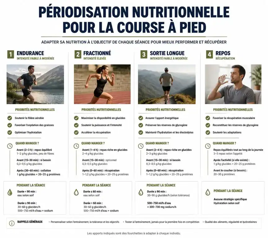 Infographie sur la périodisation de l'alimentation en course à pied selon l'intensité de l'entraînement