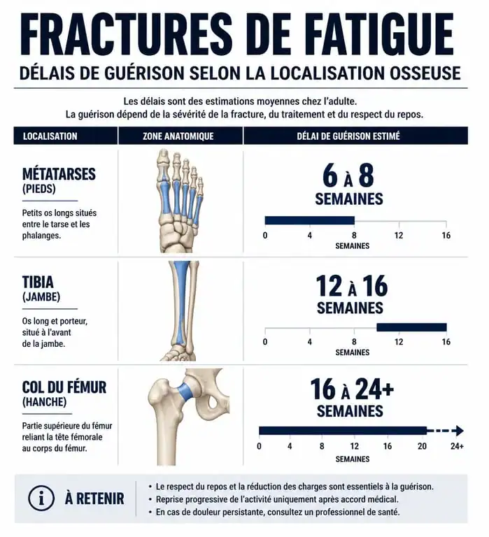 Infographie des délais de guérison d'une fracture de fatigue par zone anatomique