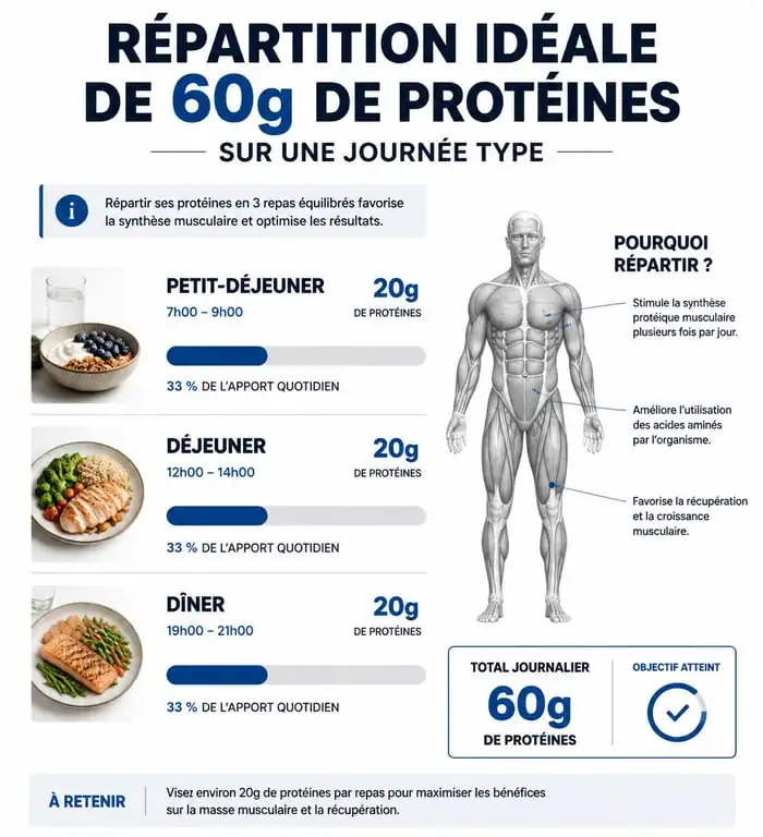 Infographie sur comment manger 60 g de proteine par jour avec répartition des repas