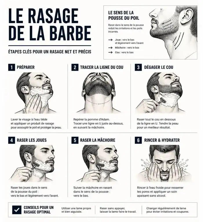 Guide illustré des étapes pour bien se raser la barbe et tracer les contours.