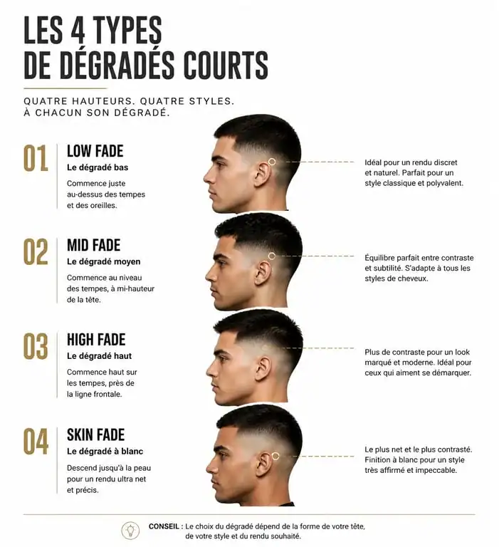 Schéma explicatif des différents types de dégradés courts : Low, Mid, High et Skin Fade