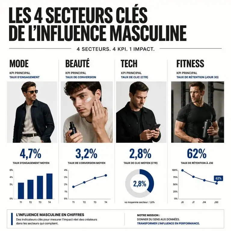 Infographie des secteurs et KPI pour une campagne avec un influenceur homme