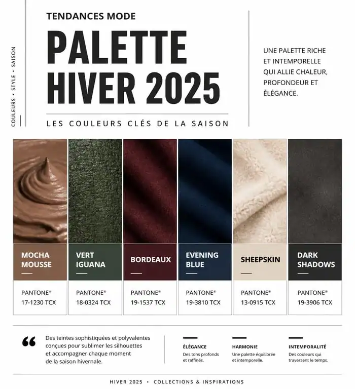 Palette des couleurs tendance mode hiver 2025 incluant Mocha Mousse, vert Iguana et bordeaux.