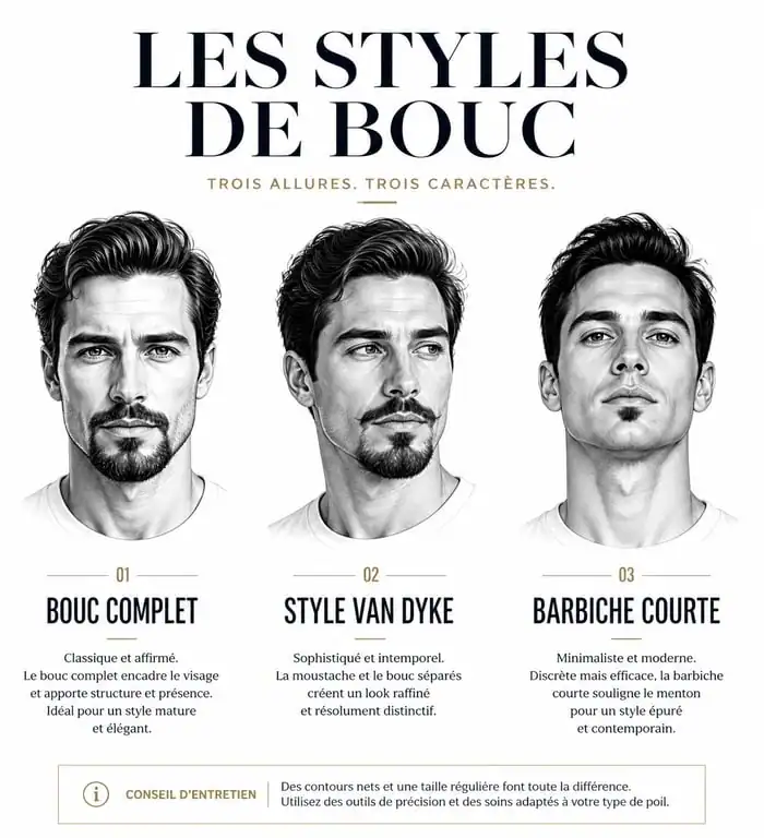Différents styles de boucs barbe pour homme : bouc complet, Van Dyke et barbiche