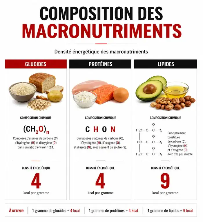 Tableau comparatif des macronutriments : glucides, lipides et protéines