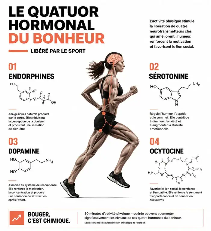 Infographie sur les hormones du bonheur et le sport : endorphines, sérotonine, dopamine et ocytocine.
