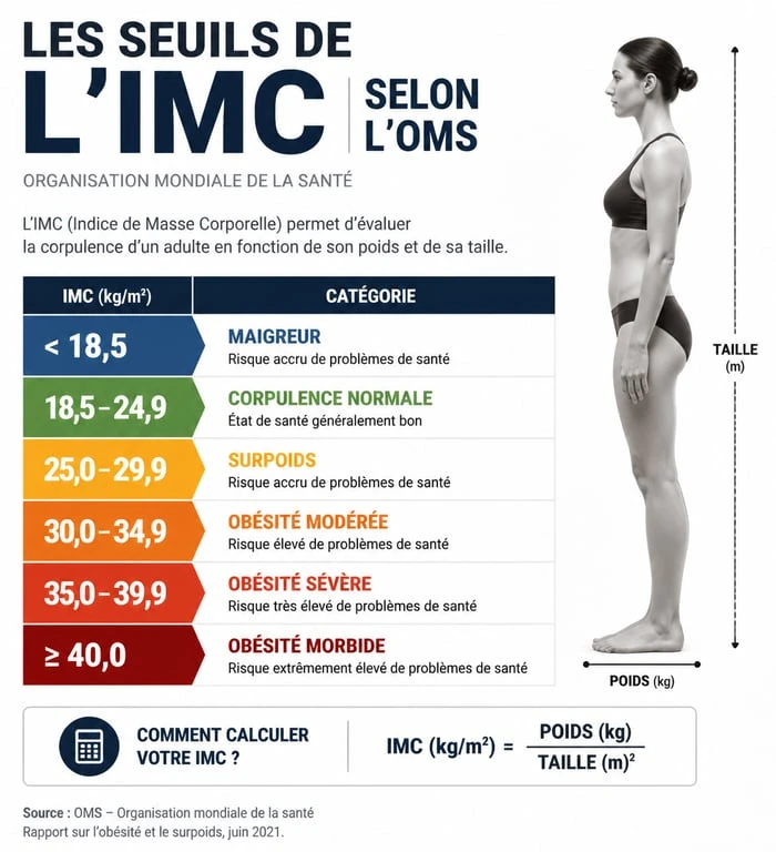 Infographie des catégories de l'IMC selon l'OMS pour le calcul du poids idéal