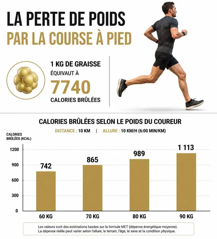 Infographie montrant le temps de course nécessaire pour perdre 1 kg de graisse selon le poids du coureur.