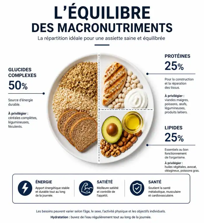 Infographie sur l'équilibre des macronutriments pour une alimentation healthy