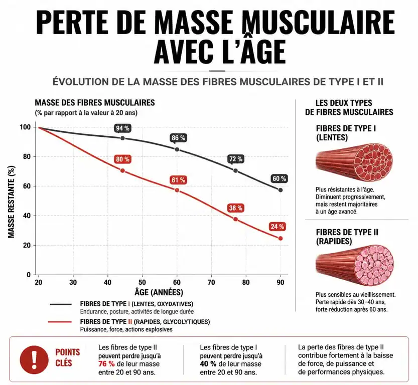 Graphique illustrant la perte de masse musculaire et la sarcopénie avec l'âge