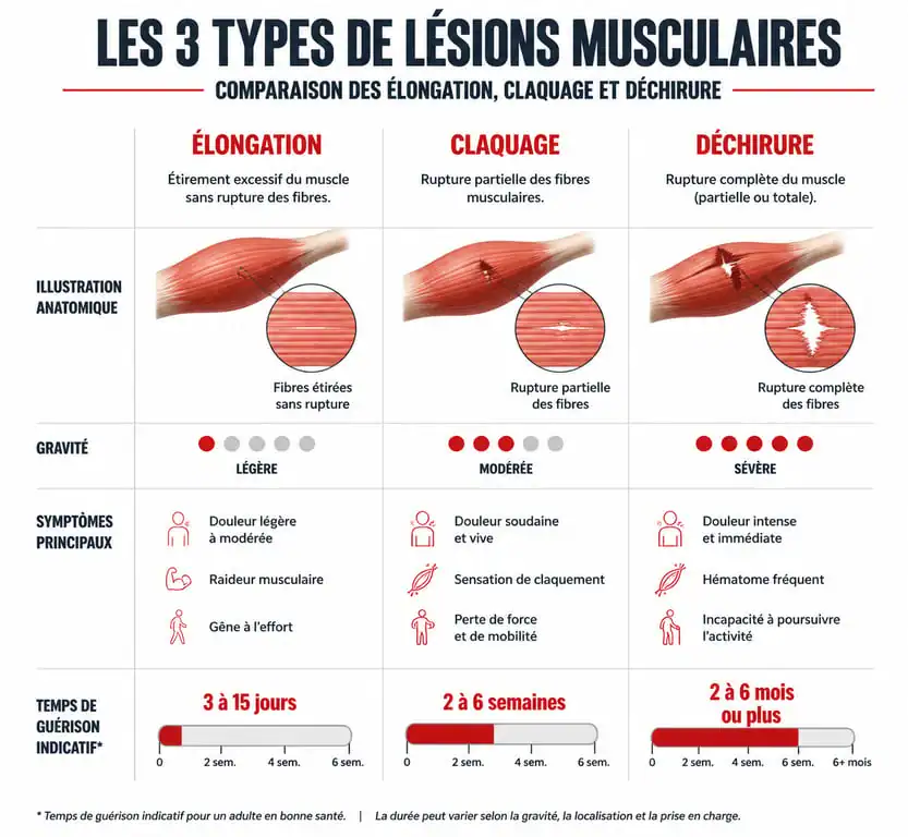 Infographie comparative des lésions musculaires : élongation musculaire temps de guérison, claquage et déchirure