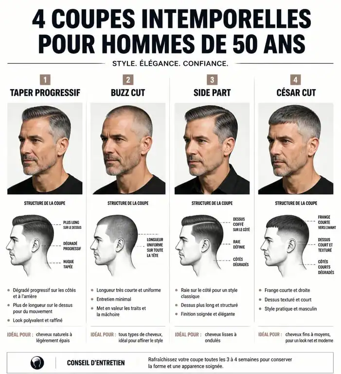 Infographie comparative des coupes de cheveux pour homme de 50 ans : Taper, Buzz Cut, Side Part et César Cut.