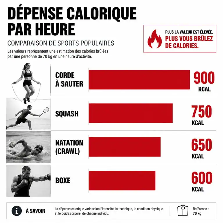 Infographie comparant la dépense calorique par sport pour optimiser sa perte de poids