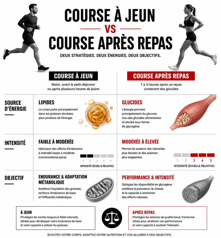 Infographie comparative : courir le matin à jeun vs courir après le petit-déjeuner pour la performance sportive