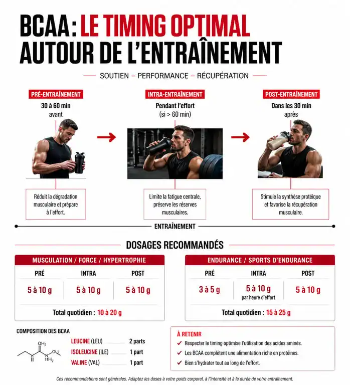 Infographie sur le timing et dosage des BCAA pour la musculation et l'endurance