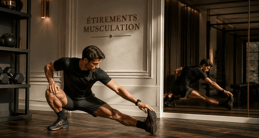 étirements musculation athlète homme salle de sport