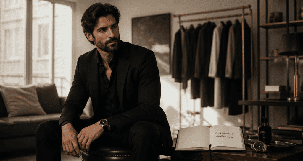 influenceur homme élégant assis dans loft moderne