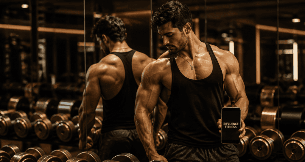 influenceur muscu pose devant miroir salle de sport