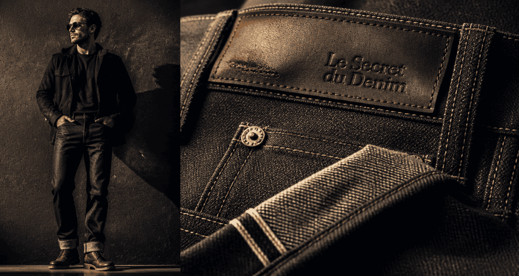 jeans homme marque selvedge premium devant mur anthracite
