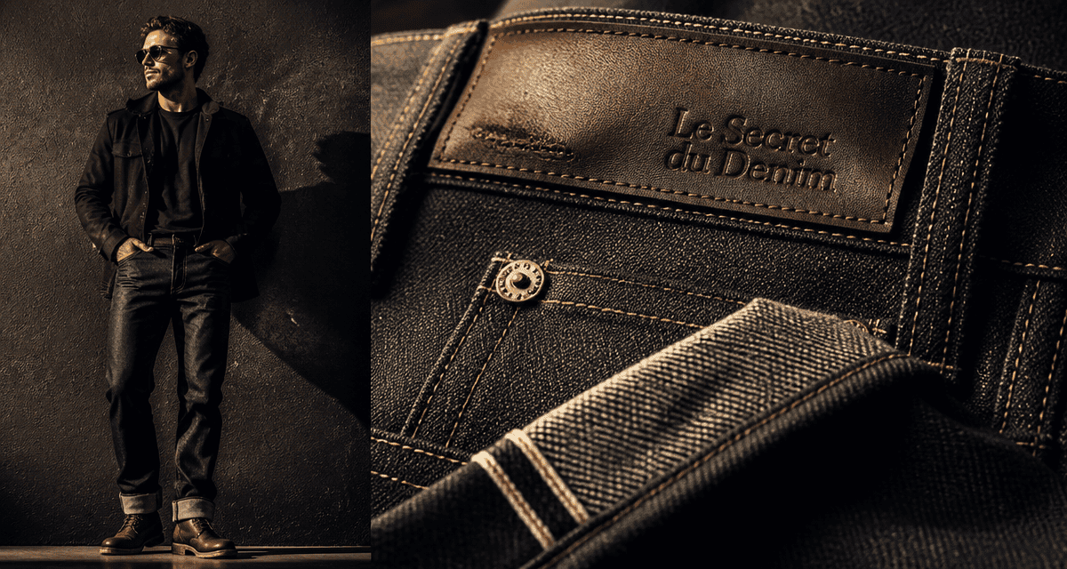 jeans homme marque selvedge premium devant mur anthracite