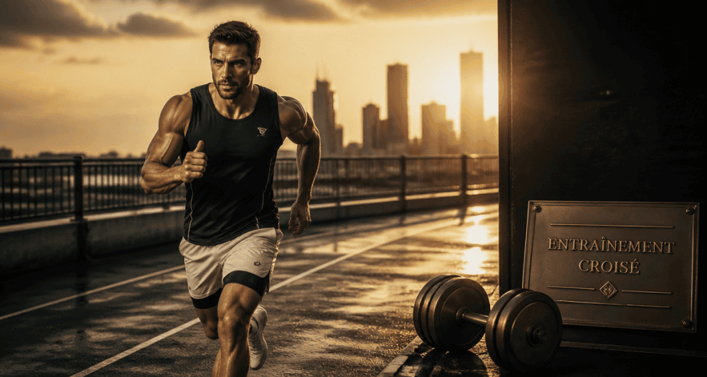 Homme jogging et musculation piste urbaine