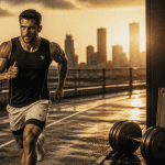 Homme jogging et musculation piste urbaine