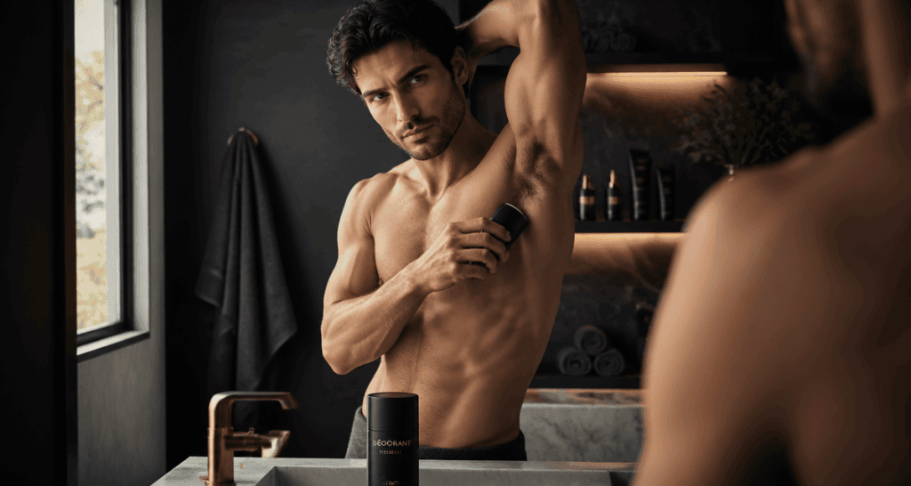 meilleur déodorant pour homme appliqué dans salle de bain haut de gamme
