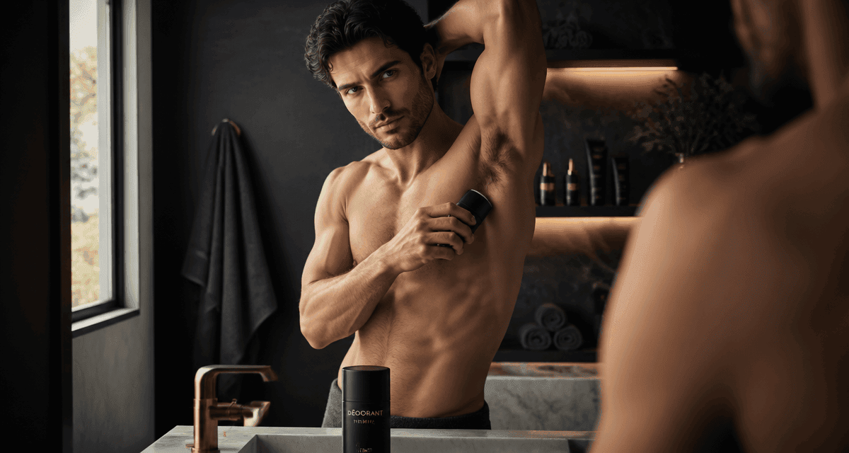 meilleur déodorant pour homme appliqué dans salle de bain haut de gamme