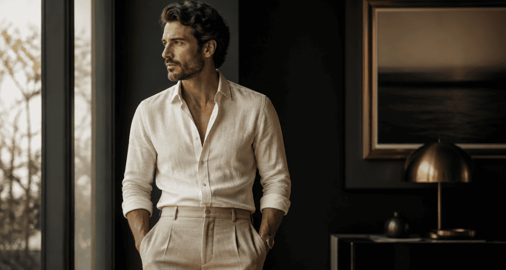 pantalon lin beige pour homme bien ajusté